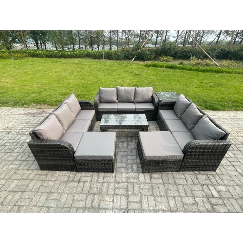 Fimous Rattan Garden Furniture Set 11 Seater Indoor Outdoor Patio Sofa Set with Coffee Table 2 Big Footstool Side Tables Dark Grey Mixed