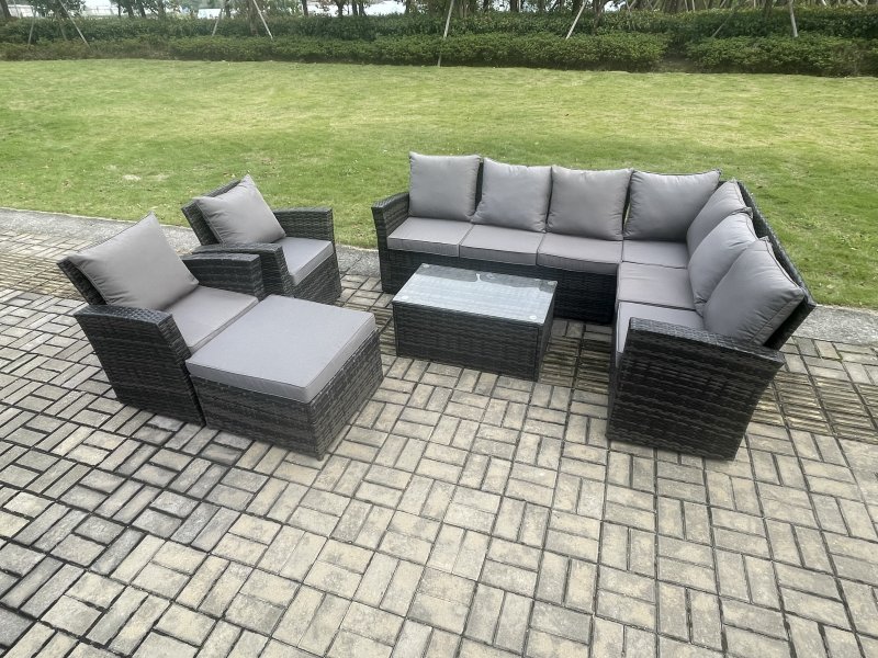 Fimous 9 Seater High Back Outdoor Garden Furniture Set Rattan Corner Sofa Set With Rectangular Coffee Table Big Footstool 2 Armchairs Dark Grey Mixed
