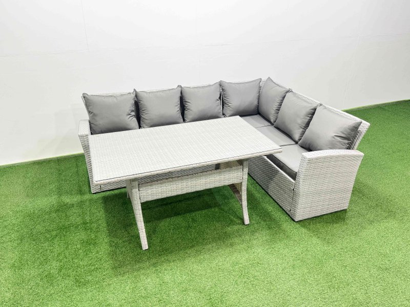 Fimous Rattan Garden Furniture Set Outdoor 6 Seater Patio Dining Corner Sofa Sets with Dining Table Light Grey Mixed