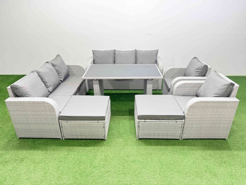 Fimous 10 Seater Wicker PE Rattan Furniture Outdoor Dining Table 3 Seater Sofa Reclining Chair Set with 2 Big Stools Light Grey