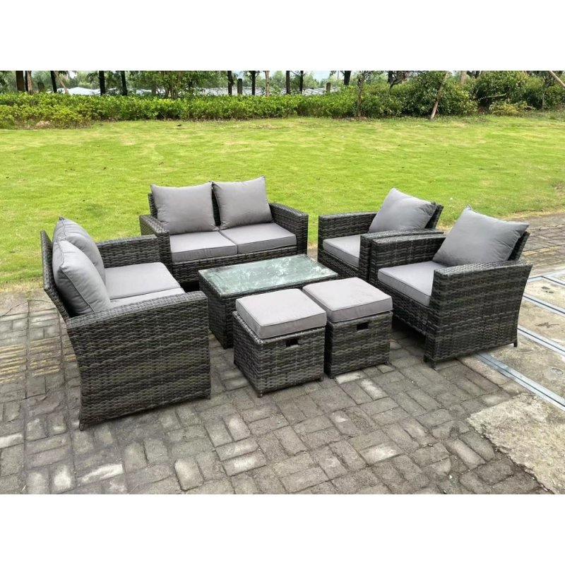 Fimous 8 Seater Dark Grey Mixed High Back Rattan Sofa Set Coffee Table Garden Furniture Outdoor Patio 2 Stools