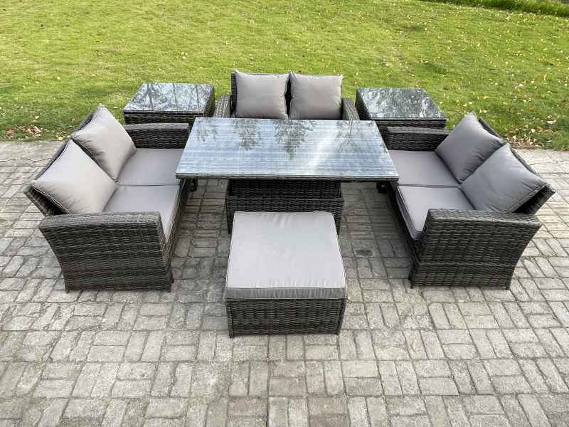 Fimous 7 pieces Outdoor Lounge Sofa Set Wicker PE Rattan Garden Furniture Set with Rising Lifting Table Double Seat Sofa 2 Side Tables Big Footstool Dark Grey Mixed