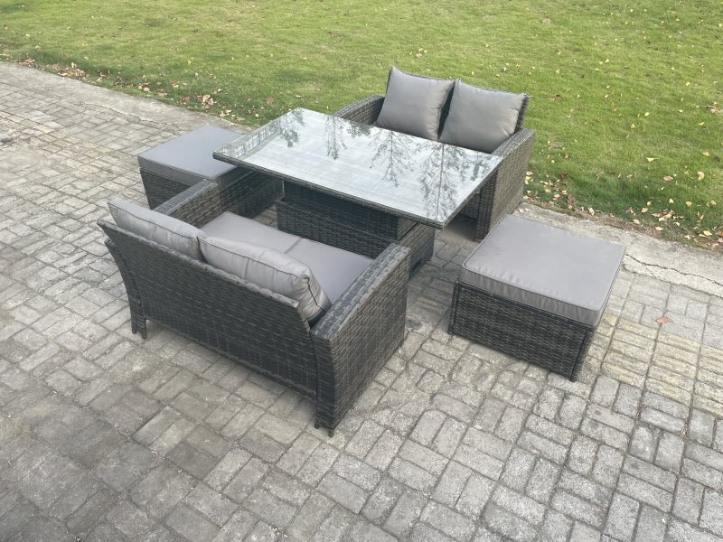 Fimous 5 Pieces Garden Furniture Sets Poly Rattan Outdoor Patio Height Adjustable Rising Lifting Table Sofa Dining Set with 2 Big Footstool