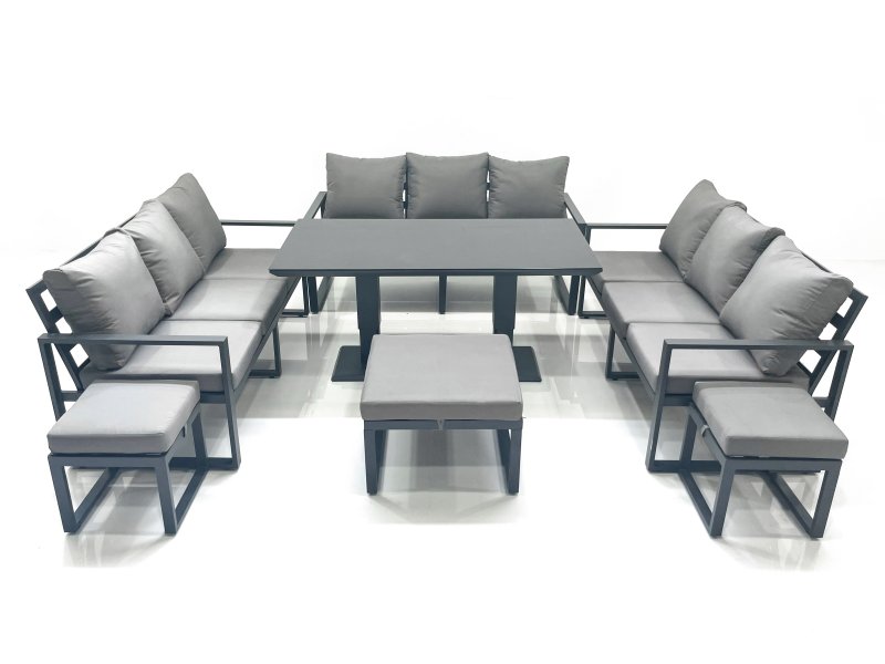 Fimous 12 Seater Garden Sofa Set Aluminium Furniture Rising Dining Tabe Set wth 3 Footstools Dark Grey