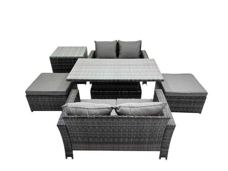 Fimous Outdoor Love Sofa Set 6 Seat Rattan Garden Furniture Set with Adjustable Lifting Dining or Coffee Table 2 Big Stools Dark Grey Mixed