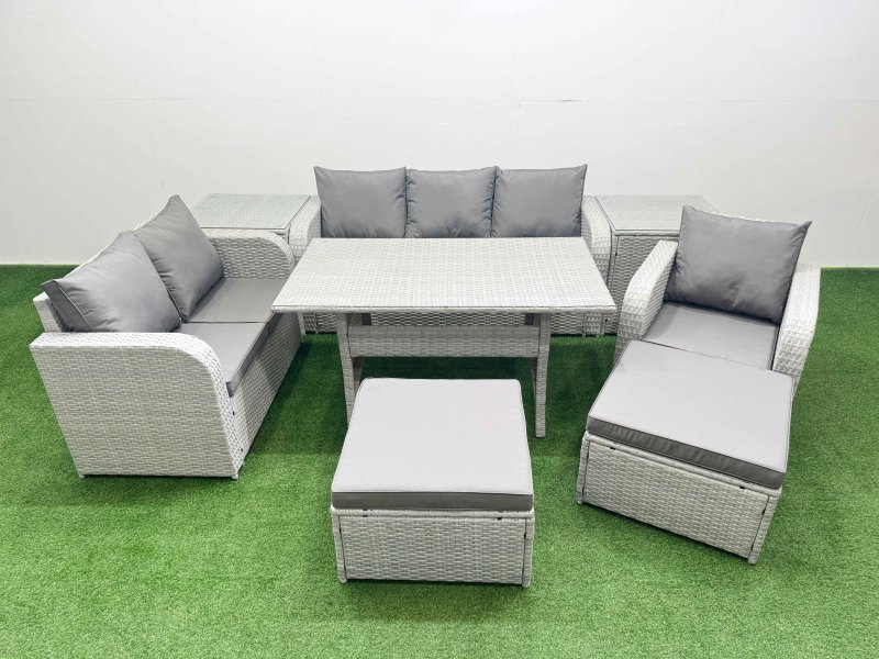 Fimous Patio PE Wicker 8 Seater Outdoor Rattan Furniture Sofa Sets with Rectangular Dining Table Reclining Chair Loveseat Sofa 3 Seater Sofa 2 Big Footstools 2 Side Table Light Grey