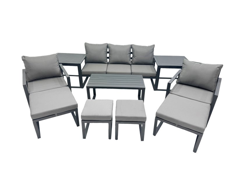 Fimous 9 Seat Outdoor Garden Furniture Set Aluminium Lounge 3 Seat Sofa Oblong Coffee Table Sets with Chair 4 Stools Dark Grey