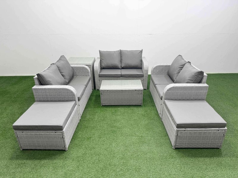 Fimous 8 Seater PE Wicker Rattan Furniture Sofa Sets with Rectangular Coffee Table 2 Seater Love Sofa 2 Big Footstool Side Table Light Grey