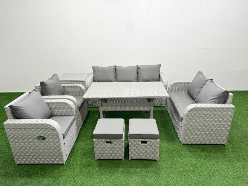 Fimous PE Rattan Garden Furniture Set Reclining Chair Sofa Double Love Seat 2 Seater Sofa Lounge Set Rectangular Dining Table 2 Stools Side Table Light Grey