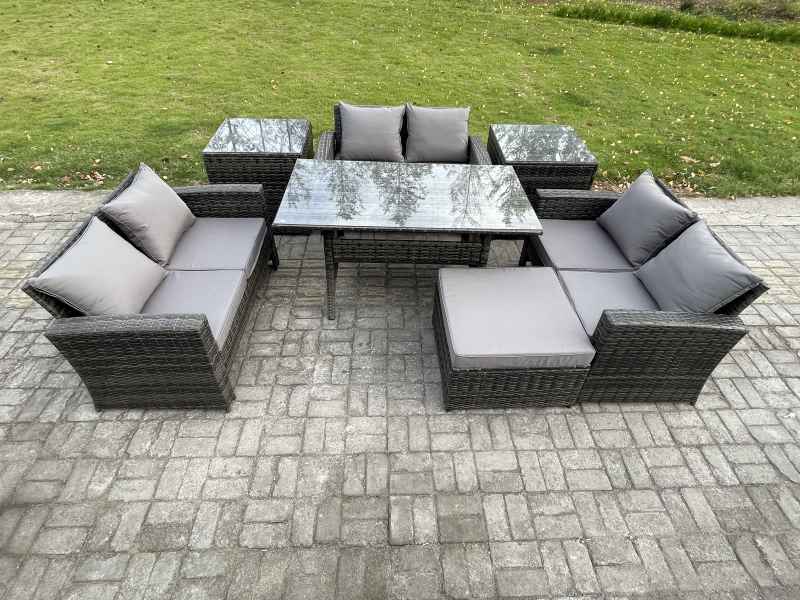 Fimous Wicker PE Rattan Garden Furniture Sets Outdoor Lounge Sofa Set with Oblong Dining Table Double Seat Sofa 2 Side Tables Big Footstool Dark Grey Mixed