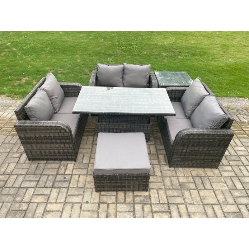 Fimous Rattan Garden Outdoor Furniture 3 PC Love Sofa Set Patio Adjustable Rising lifting Dining Table With Side Table Big Footstool