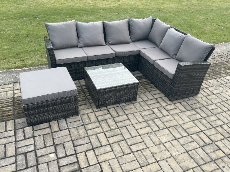 Fimous Rattan Garden Furniture Set Outdoor Lounge Corner Sofa Set With Square Coffee Table Big Footstool 7 Seater Dark Grey Mixed