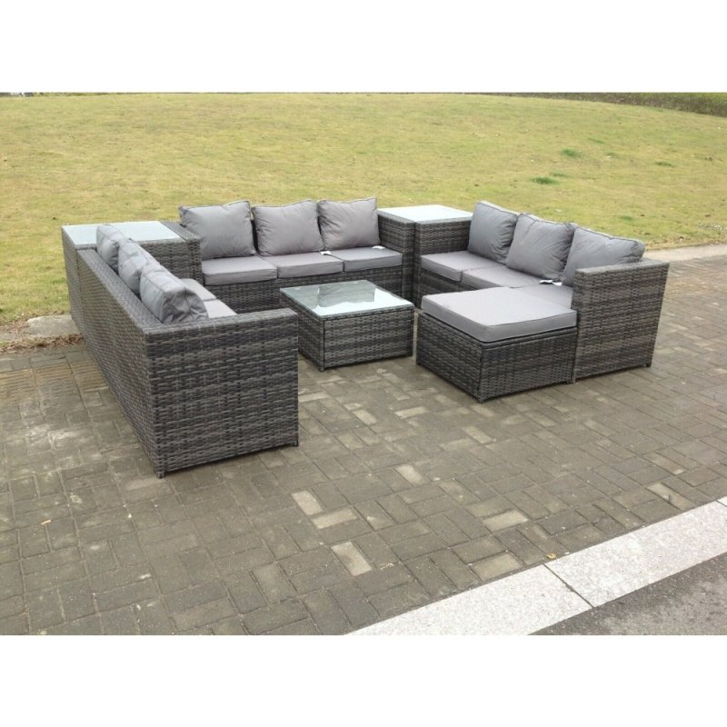 Fimous 10 Seater U Shape Rattan Sofa Set Outdoor Garden Furniture Patio With 3 Table Dark Grey Mixed
