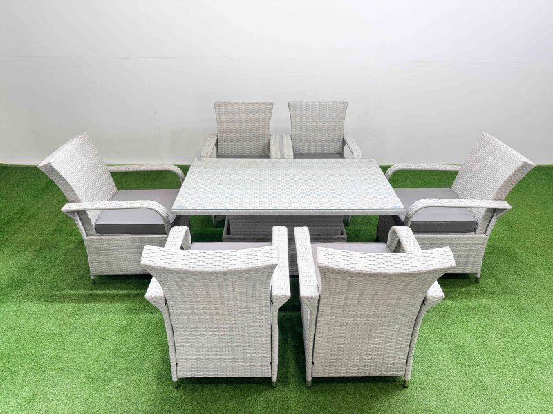 Fimous Outdoor Rattan Garden Furniture Set Patio 6 Chairs Plus Height adjustable dining table Sets Light Grey Mixed
