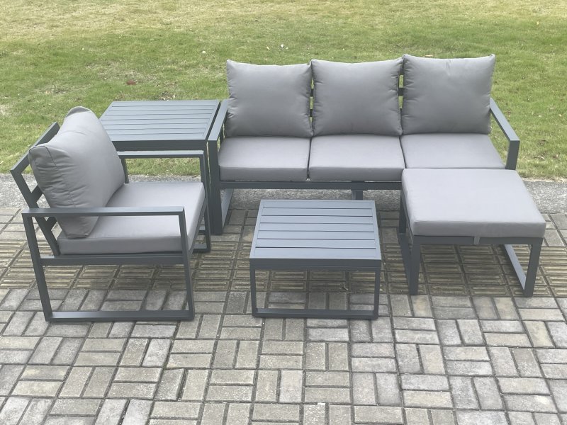 Fimous Aluminium Outdoor Garden Furniture Set Lounge Sofa Chairs Square Coffee Table Sets with Side Table Big Footstool Conservatory Set Dark Grey