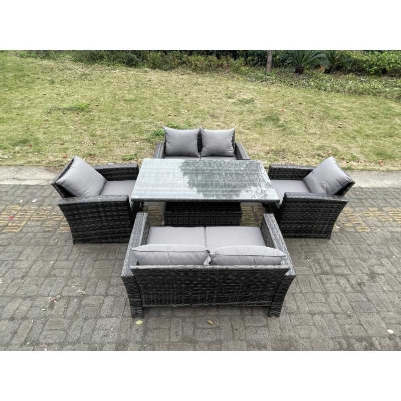 Fimous Rattan Outdoor Furniture Adjustable Rising Lifting Rectangle Dining Table Chairs Two Seater Love Sofa Sets 6 Seater
