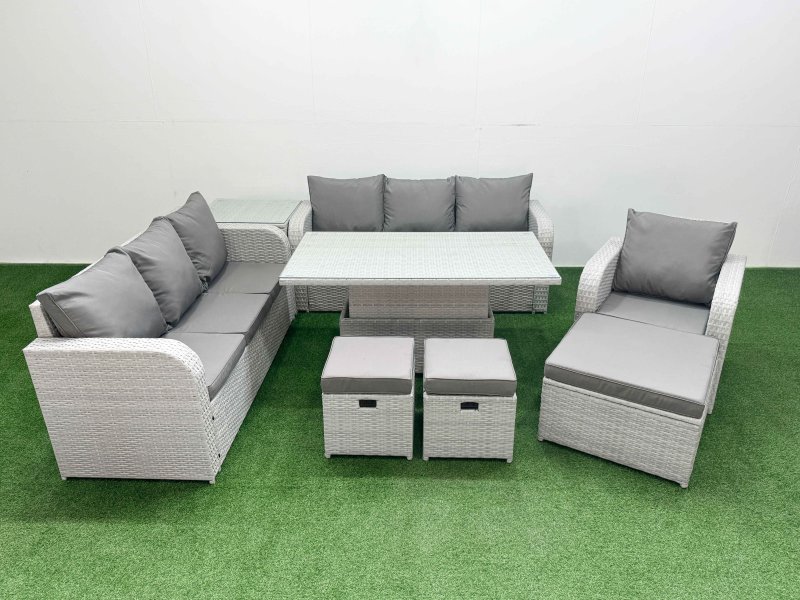 Fimous 10 Seater Poly Rattan Outdoor Garden Furniture Adjustable Lifting Dining or Coffee Table Sofa Set Patio 3 Seater Sofa Reclining Chair 3 Seater Sofa 3 Stools Side Table Light Grey