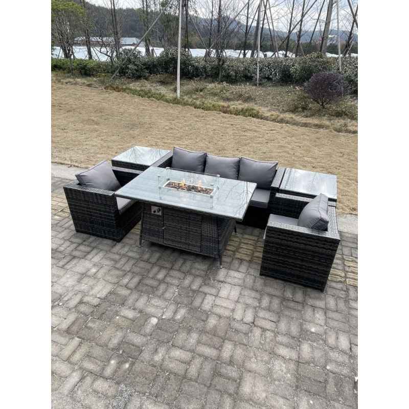 Fimous Outdoor Lounge Rattan Sofa Set Garden Furniture Gas Firepit Set Dining Table Patio Heater 2 Chair 2 Coffee Table Dark Grey Mixed
