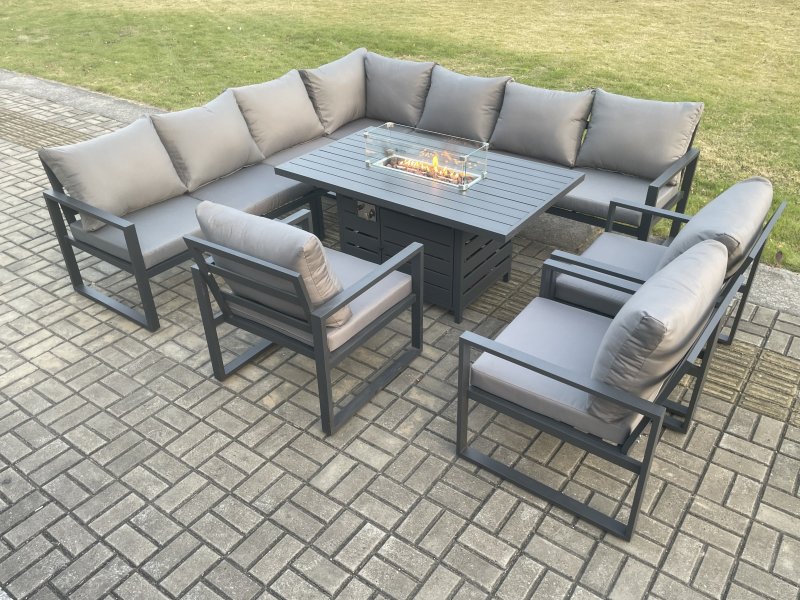 Fimous Aluminium 9 Pieces Garden Furniture Corner Sofa Set with Cushions Gas Fire Pit Dining Table Set Gas Heater Burner with 3 Chairs Dark Grey