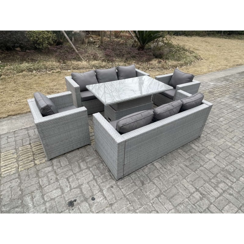 Fimous Rattan Garden Funiture Set Adjustable Rising Lifting Table Sofa Dining Set Lounge Sofa With 2 Arm Chair