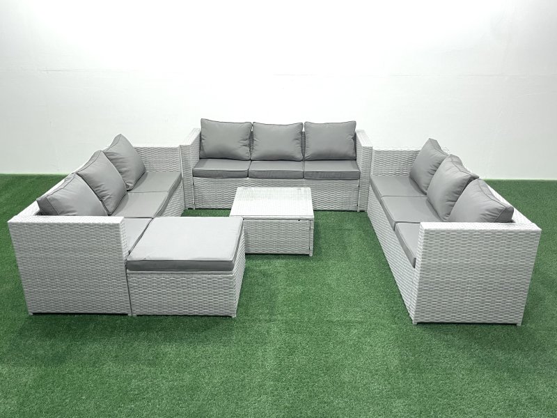 Fimous Rattan Garden Outdoor Furniture Set 10 Seater Rattan Garden Sofa Set with Big Footstool Light Grey Mixed