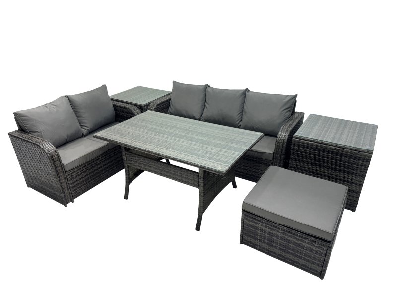 Fimous 6 Seat Outdoor Wicker PE Rattan Garden Furniture Set Dining Table Sofa Sets with Big Stool 2 Side Tables Dark Grey Mixed