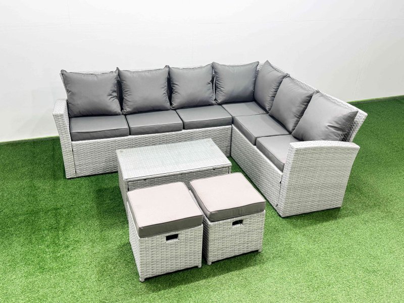Fimous Garden Outdoor PE Rattan Furniture Set 8 Seater Rattan Garden Sofa Set with Oblong Coffee Table Light Grey Mixed