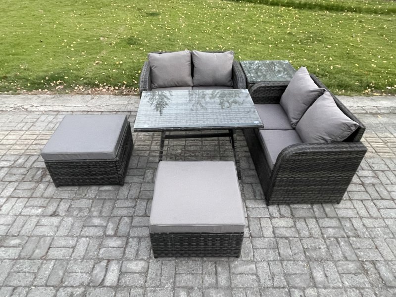 Fimous Garden Furniture Sets 6 Seater Rattan Furniture Manual Wicker Patio Sofa Patio Conversation Set with 2 Big Footstool Side Table Dark Grey Mixed