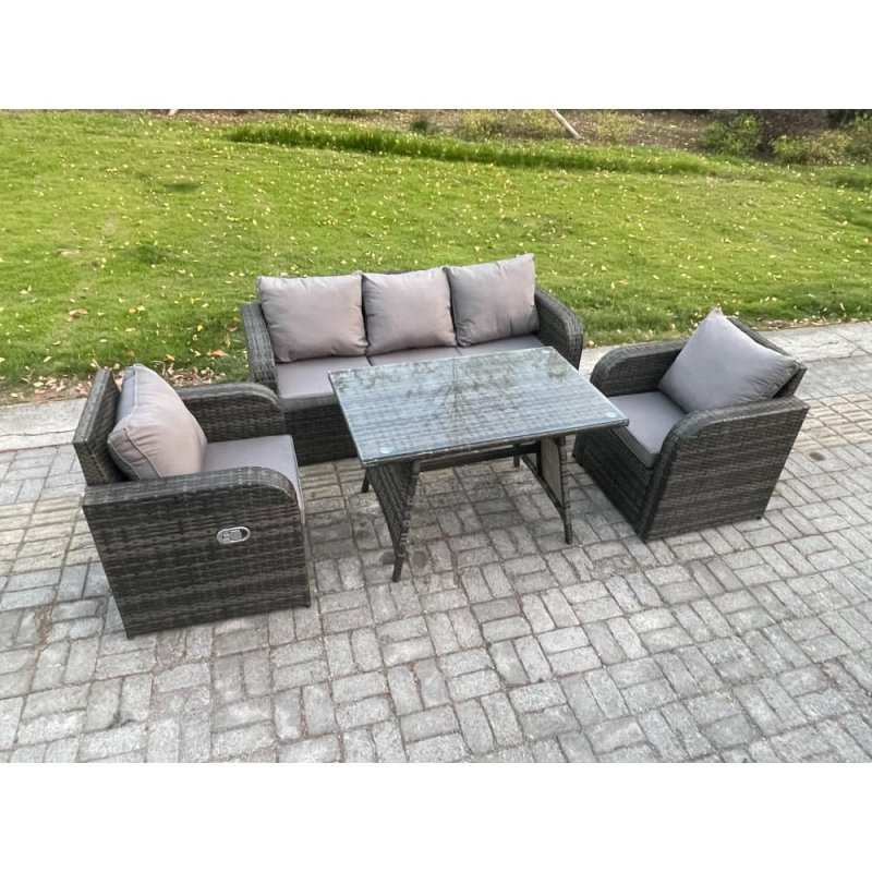 Fimous Rattan Wicker Garden Furniture Patio Conservatory Sofa Set with Rectangular Dining Table Reclining Chair 3 Seater Sofa