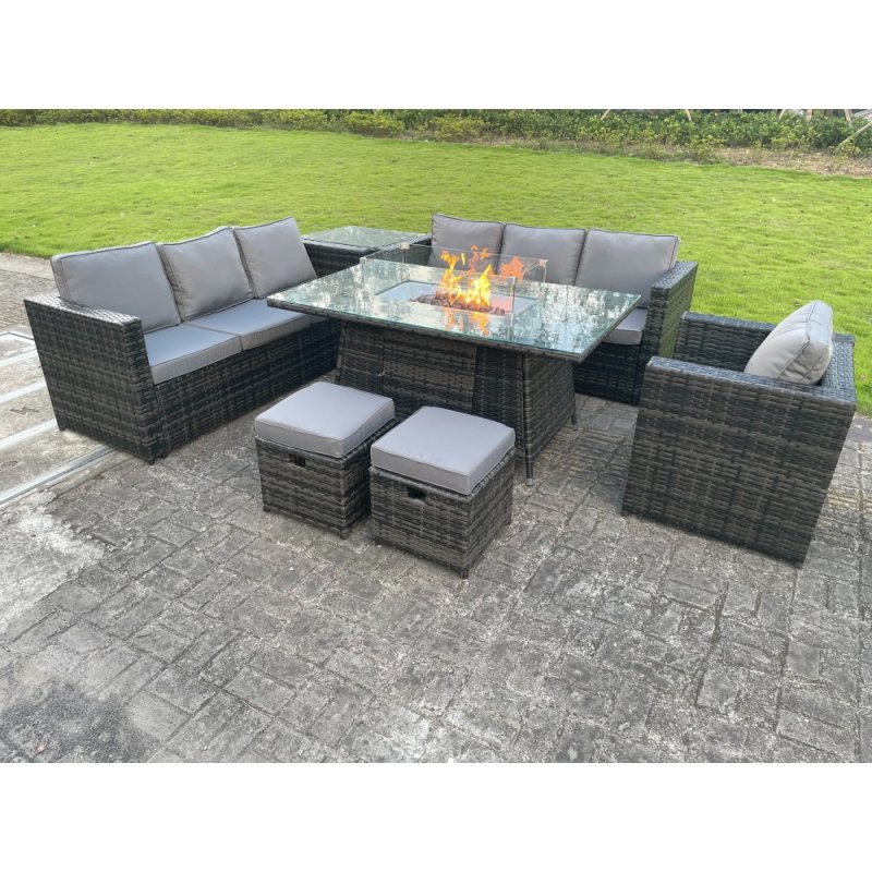 Fimous Outdoor Rattan Garden Furniture Gas Fire Pit Dining Table Gas Heater Sets Lounge Chairs Small Footstools Dark Mixed Grey 9 Seater