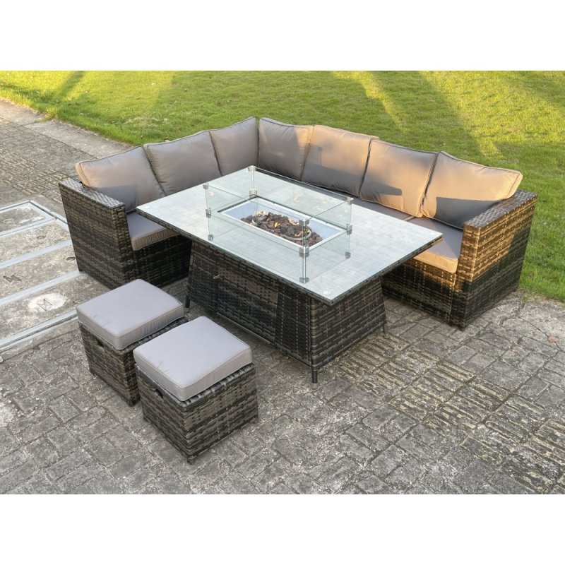 Fimous 8 Seater PE Rattan Corner Sofa Set Gas Fire Pit Dining Table Set Heater With 2 Small Stools