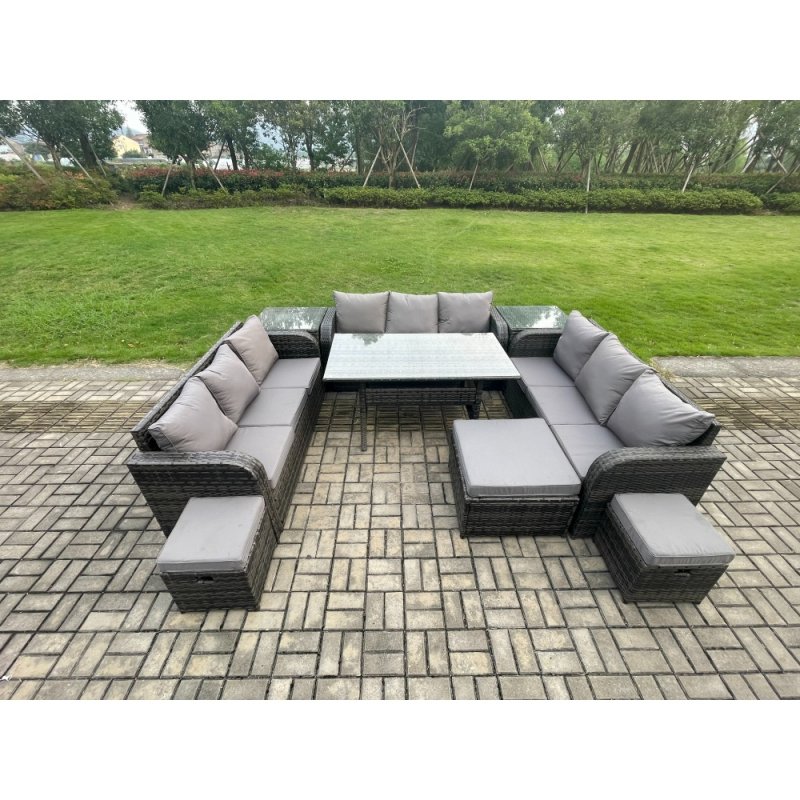 Fimous Patio Rattan Garden Furniture Set with Oblong Rectangular Dining Table 3 Footstools 2 Side Table 12 Seater Outdoor Lounge Sofa Set Dark Grey Mixed