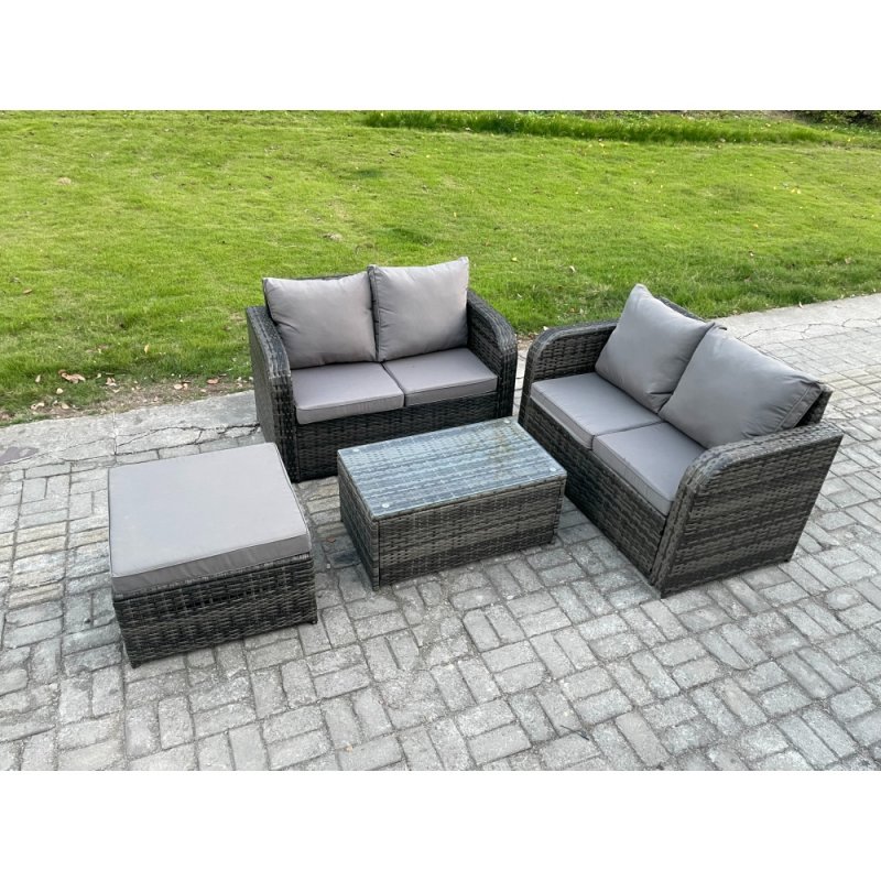 Fimous Outdoor Lounge Sofa Set Rattan Garden Furniture Set with Rectangular Coffee Table Big Footstool Dark Grey Mixed