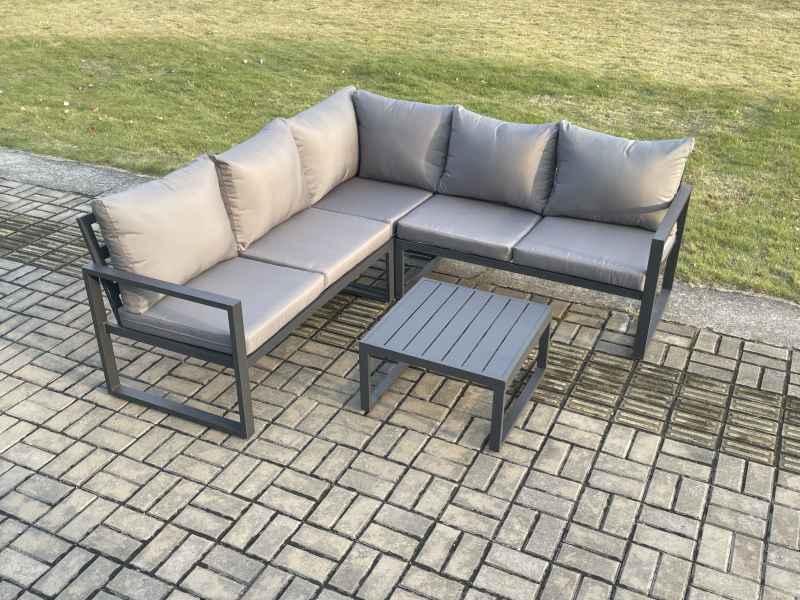 Fimous Outdoor Garden Furniture Set Aluminium Lounge Sofa Square Coffee Table Sets Indoor Conservatory Set Dark Grey