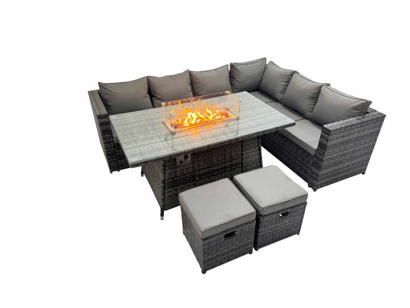 Fimous 8 Seater Outdoor Corner Sofa Gas Firepit Dining Table Set Garden Rattan Furniture Set with 2 Small Stools Dark Grey