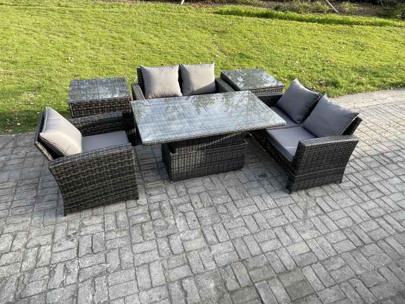 Fimous 6pcs Rattan Outdoor Garden Furniture Set Height Adjustable Rising Lifting Table Sofa Dining Set with 2 Side Tables Dark Grey Mixed