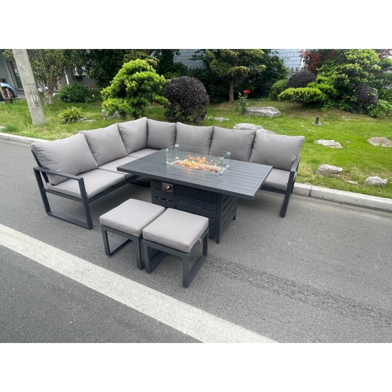 Fimous Aluminum Outdoor Garden Furniture Corner Sofa Gas Fire Pit Table Sets 2 Stools Gas Heater Burner Dark Grey 8 Seater