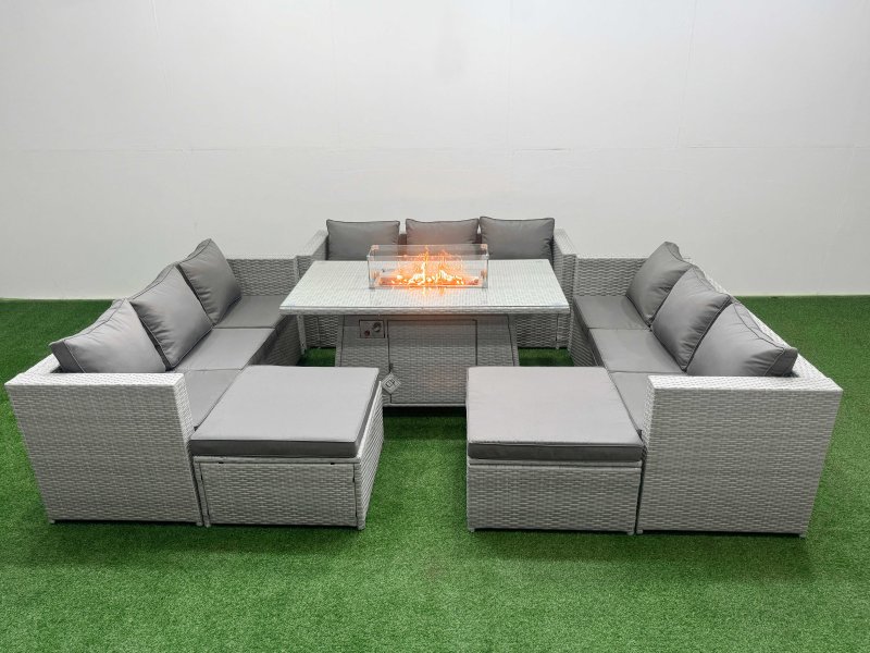 Fimous PE Rattan Lounge Sofa Set Outdoor Garden Furniture Set with Firepit Dining Table 3 Seater Sofa Light Grey