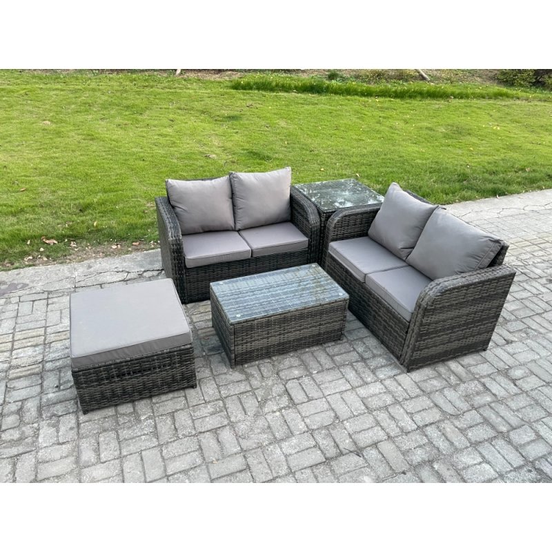 Fimous Outdoor Lounge Sofa Set Rattan Garden Furniture Set with Rectangular Coffee Table Big Footstool Side Table Dark Grey Mixed