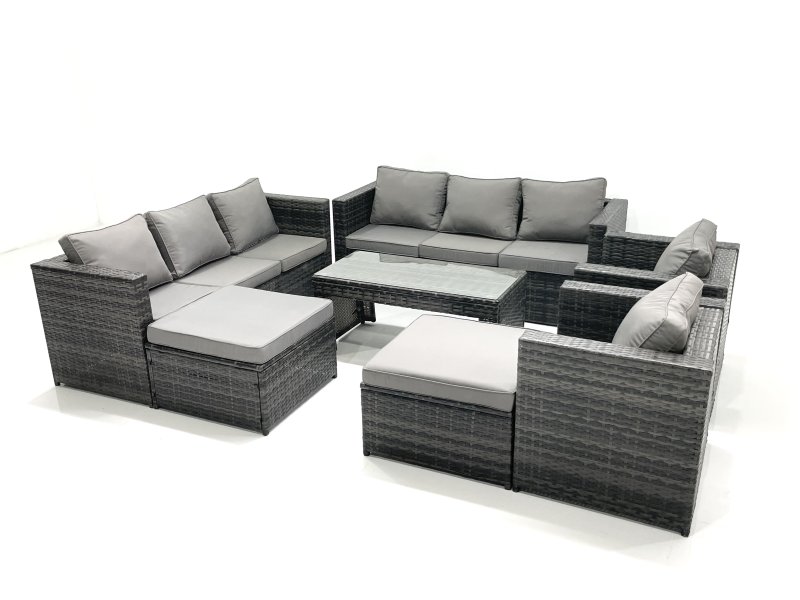 Fimous Rattan Garden Furniture Sofa Set with Coffee table Armchair 2 Big Footstools Dark Grey Mixed