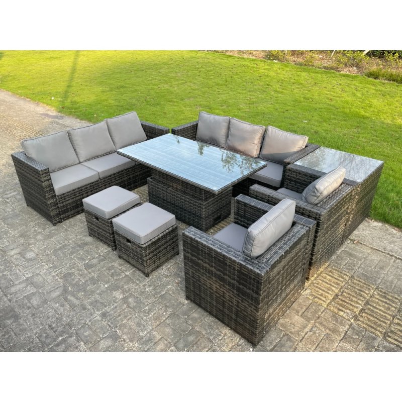 Fimous 10 Seater?Outdoor Rattan Garden Furniture Adjustable Rising Lifting Side Tables Small Footstools Dark Grey Mixed