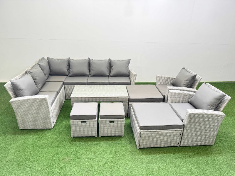 Fimous Rattan Garden Furniture Set Outdoor 12 Seater Corner Sofa Sets with Oblong Coffee Table Chair 4 Footstools Light Grey Mixed