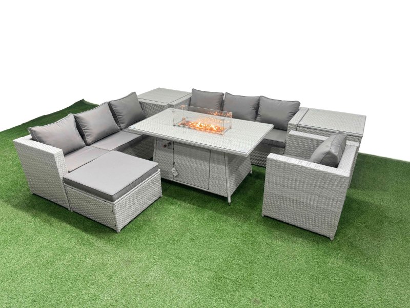 Fimous 8 Seat PE Rattan Lounge Sofa Set Outdoor Garden Furniture Set with Firepit Dining Table 3 Seater Sofa Big Stool 2 Side Tables Light Grey