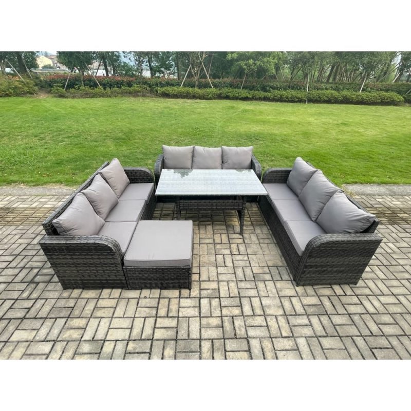 Fimous Patio Rattan Garden Furniture Set with Oblong Rectangular Dining Table Big Footstool 10 Seater Outdoor Lounge Sofa Set Dark Grey Mixed