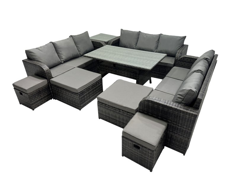 Fimous 13 Seater Garden Outdoor Rattan Furniture Set Rattan Sofa Oblong Dining Table with Side Table 4 Footstools Dark Grey