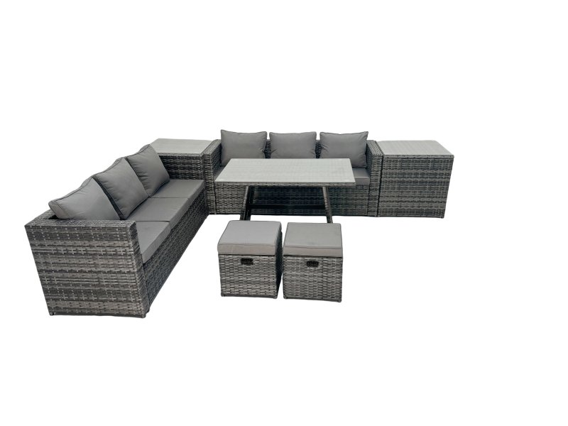 Fimous Rattan Dining Table Sofa Set with 2 Side Tables Small Footstool Outdoor Garden Furniture Set Dark Grey Mixed