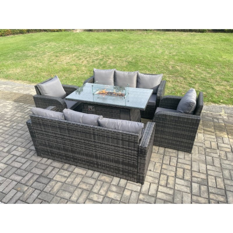 Fimous Rattan Outdoor Garden Furniture Sofa Set Gas Fire Pit Dining Table Gas Heater with 3 Seater Sofa Recling Chair 8 Seater Dark Grey Mixed