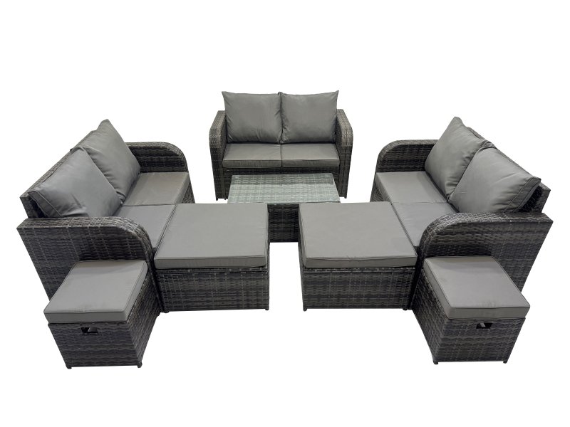 Fimous Outdoor Love Sofa Coffee Table Set Garden Rattan Furniture Set 10 Seater with 4 Stools Dark Grey