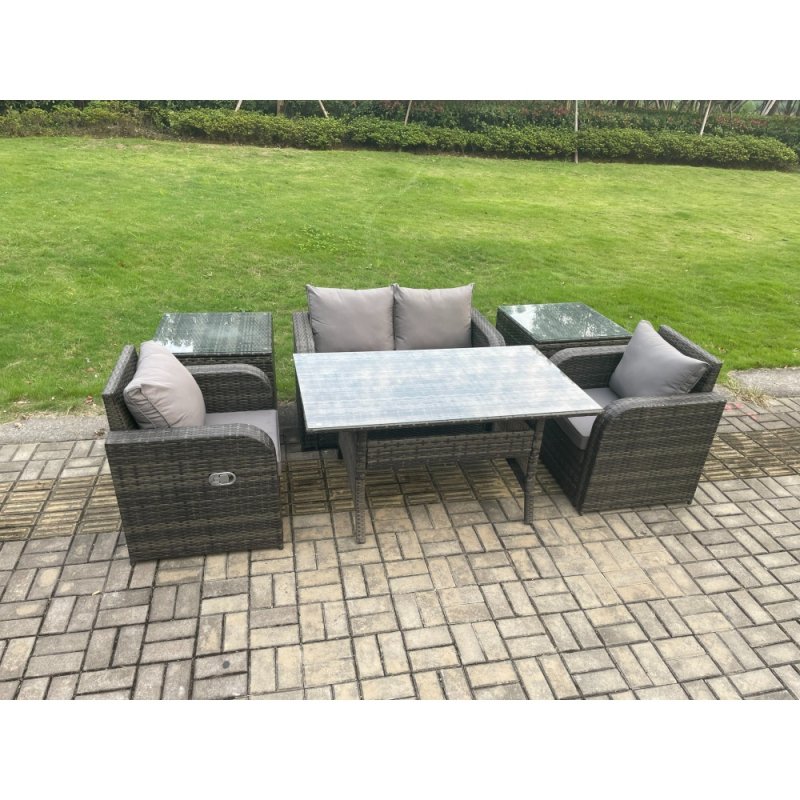 Fimous Outdoor Rattan Garden Furniture Lounge Sofa Set With Oblong Rectangular Dining Table 2 PC Reclining Chair 2 PC Side Tables