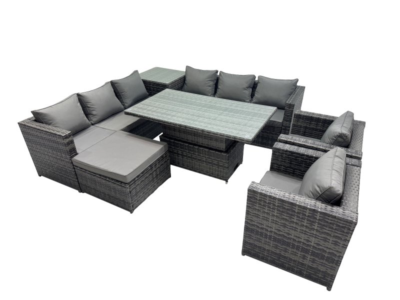 Fimous 9 Seater Outdoor Corner Sofa Height Adjustable Rising Lifting Table Set Garden Rattan Furniture Set with Side Table Big Stool Dark Grey